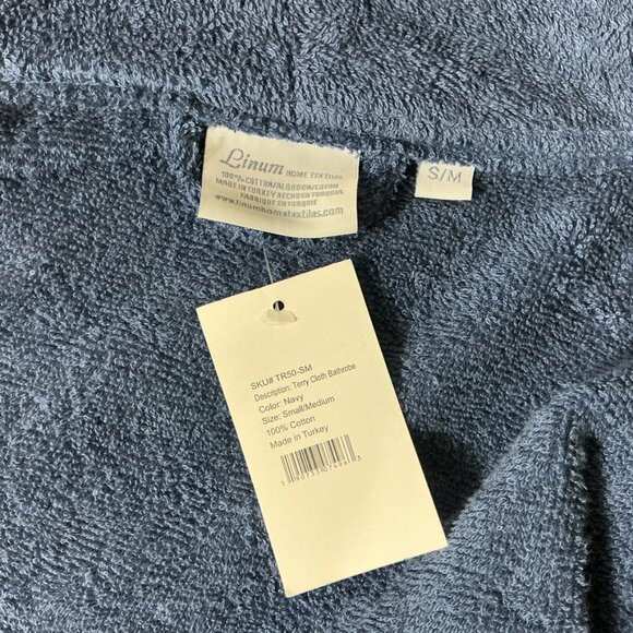 Linum 100% Cotton Terrycloth Bathrobe Navy Blue NWT S/M - Picture 4 of 4